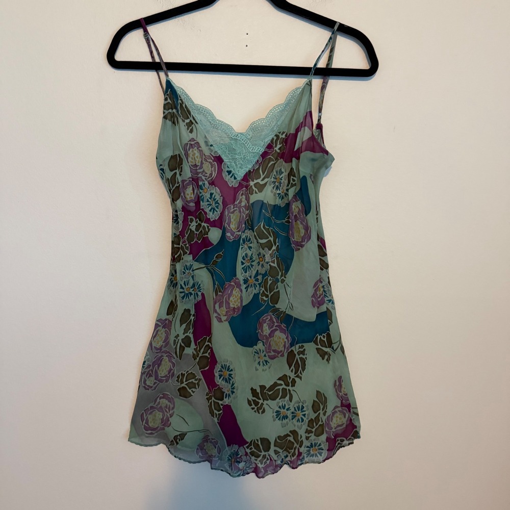 Vintage Victoria's Secret Y2K Silk Floral Sheer Lace Slip Chemise Mini Dress